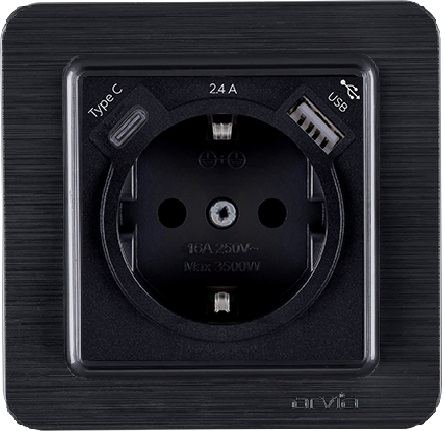 Розетка із заземленням і шторками USB-A + USB-C 5V-2.4A Arvia Electric Lavin Чорний матовий (21 25 4000 301)